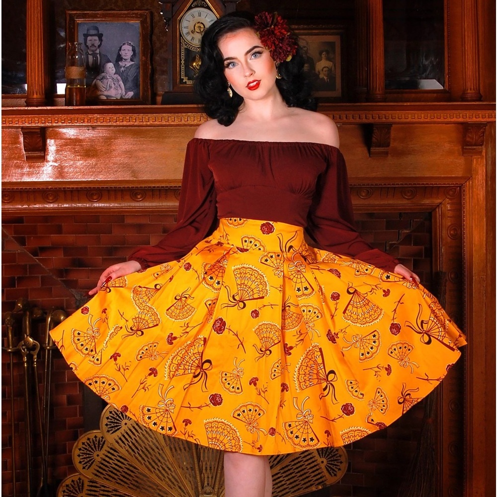 Pinup Girl Clothing Little Jun Skirt Mustard Spanish Fans 3x NEW WITH TAGS PUG